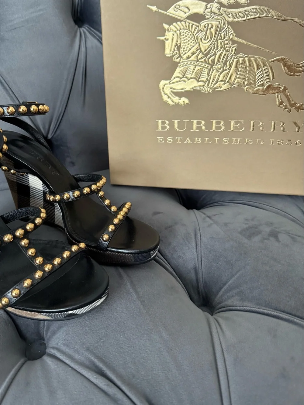 Worn Once! Burberry Black Strappy Studded Check Wedge Sandals